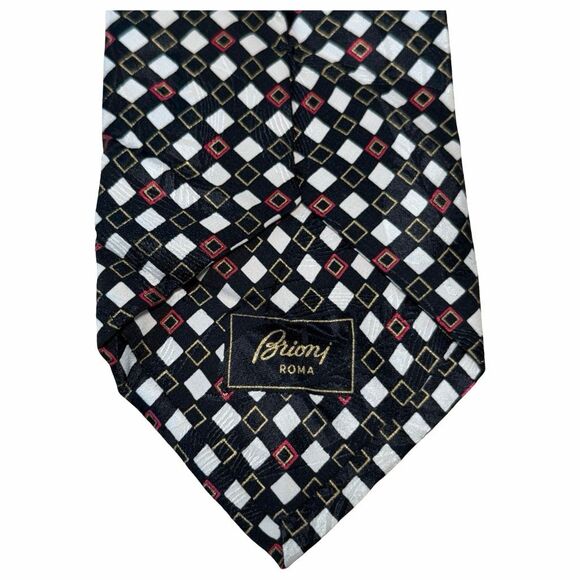 Brioni Silk Geometric Black Red White Mens Tie - Picture 2 of 3